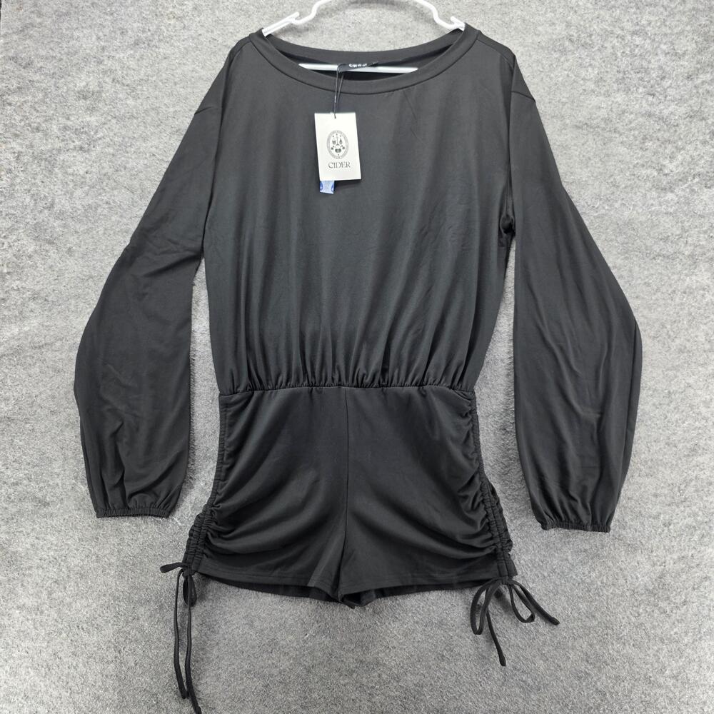Cider Romper Womens M Black One-Piece Crew Neck Long Sleeve Ruched Drawstring